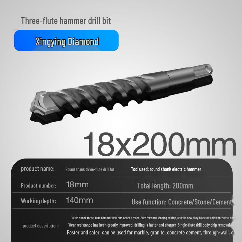 Three-Flute Round & Square Shank Drill Bit for Concrete, Cement, Rebar, Stone, Granite, Marble.
