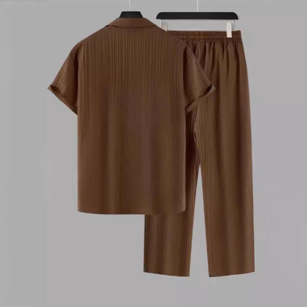 Yousheng 2 Buc/Set Ținută Casual pentru Bărbați Rever Mânecă Scurtă Cămașă la Un Rând Pantaloni Lungi cu Talie Elastică Set Ținută Culoare Solidă