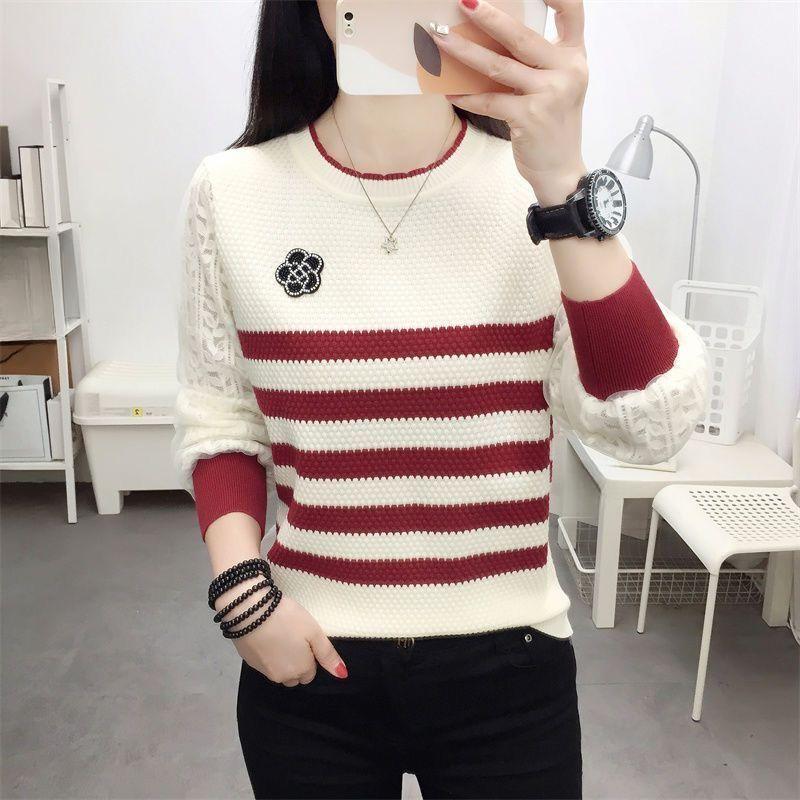 A New Versatile Striped Knitted Sweater with A Round-neck Lace Long-sleeved Top and A Unique Style