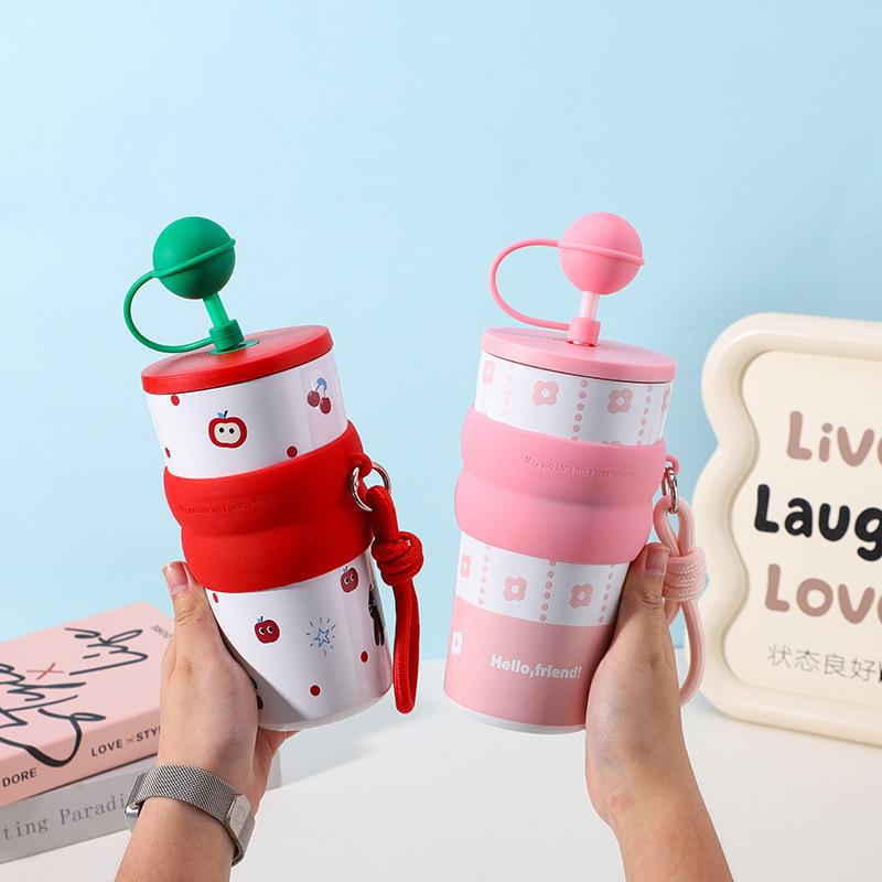 New Fashionable Household Stainless Steel Thermos Cup, Simple and Creative Coffee Cup with Lifting Rope, Cute and High-value Gift Cup