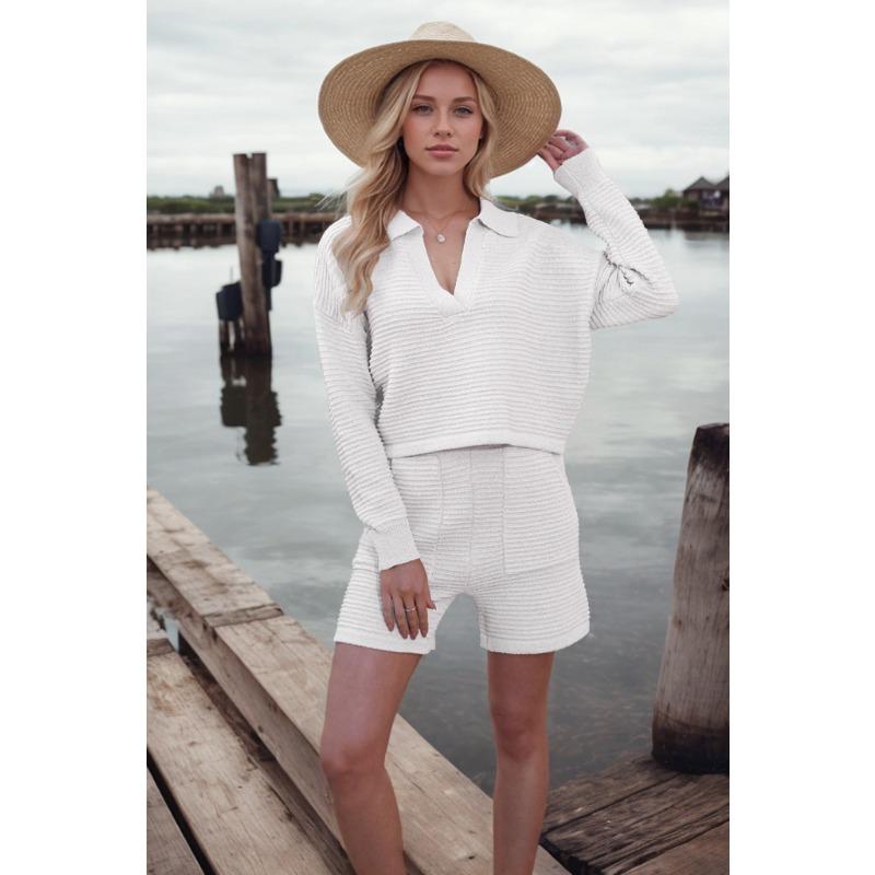 

Женский летний новый свободный модный длинный рукав блузка шорты трикотажный костюм XL белый