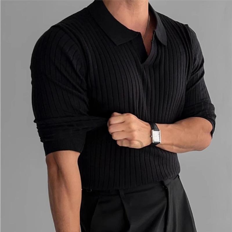 Jaro a podzim Nové pánské jednobarevné žebrované strečové pulovry s klopou Slim pletené tričko