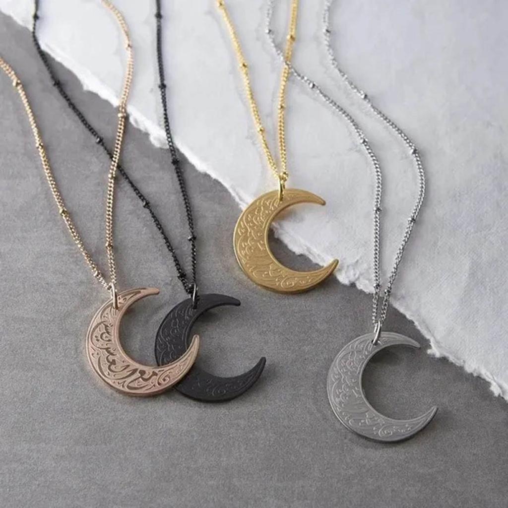 Stainless Steel Moon Pendant Necklace Ayatul Kursi Crescent Clavicle Chain Arabic Religious Islamic Choker Jewelry Gift