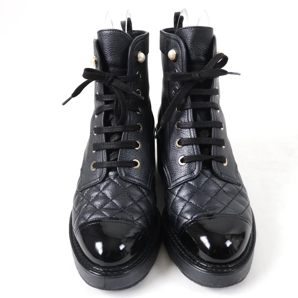 Excellent CHANEL Ankle boots Logo Matelasse F Pearl Lace-up Women 37 G38514 Used