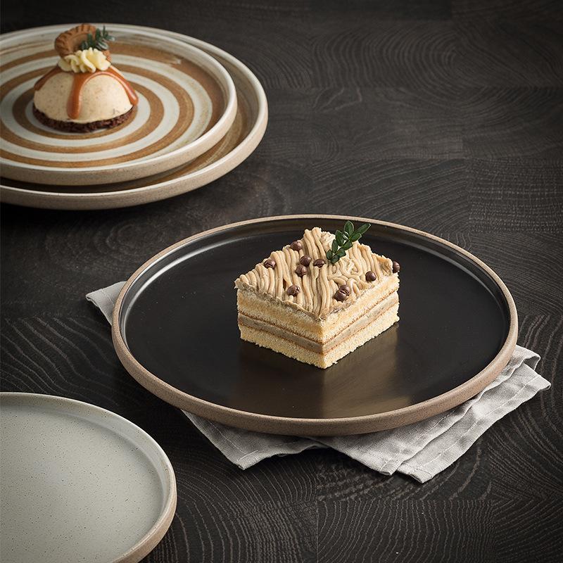 Ins Nordic Coarse Pottery Plate Western Food Flat Plate Steak Plate Household Vegetable Plate Vintage Cake Tray Restaurant Plate