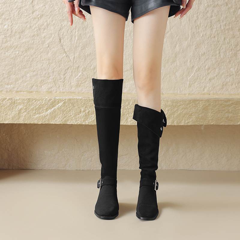 Krazing Pot Zapatos de Microfibra con Pelo Otoño Invierno Tacón Medio Grueso Botas de Montar Remaches Punta Cuadrada Mantener Caliente Botas Altas hasta la Rodilla