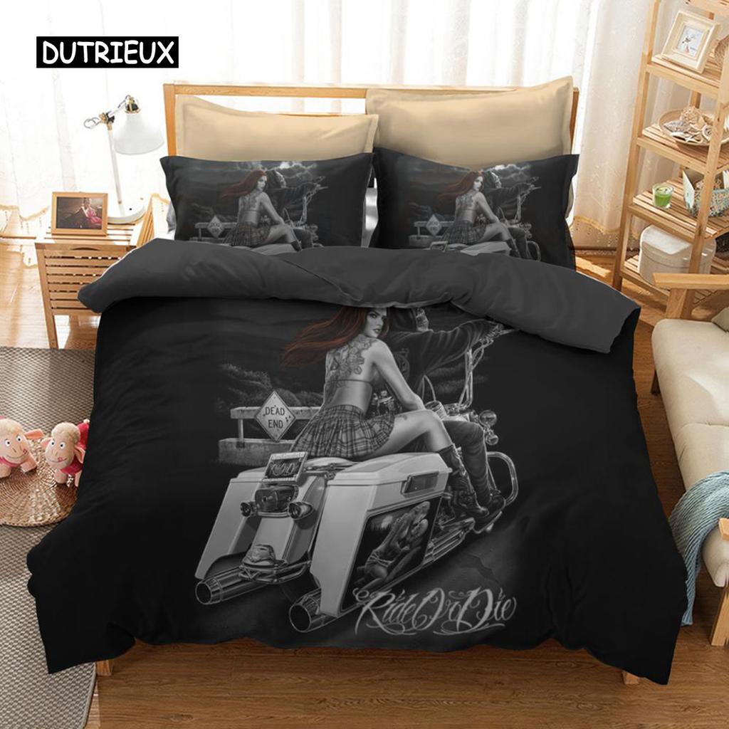 Housse de Couette Noire Ensemble de Literie Squelette Humain Horreur Crâne Moto et Beauté Housse de Couette Simple Double Queen King Size Décor