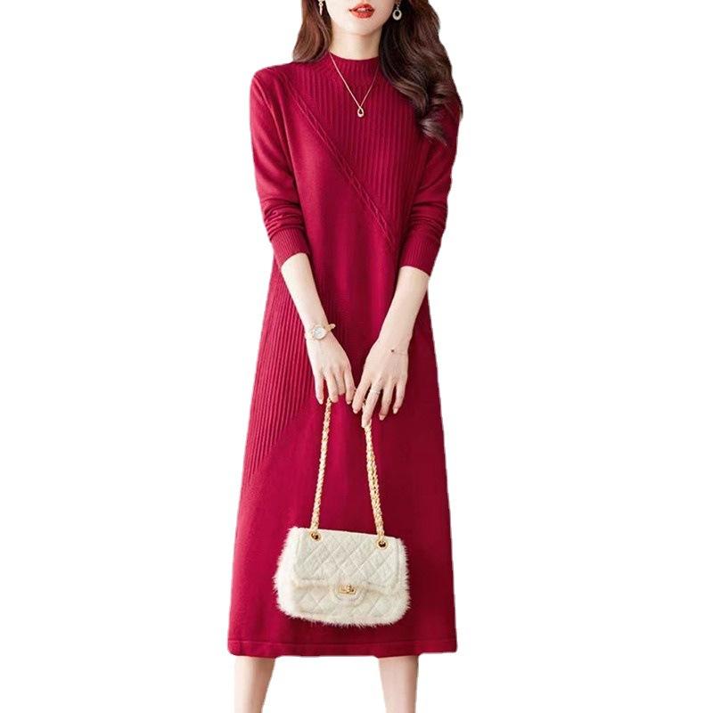 Dam Höst och Vinter Tröjklänning Lös Halvhög Hals Stickad Klänning Lång Tröja Damtröja
