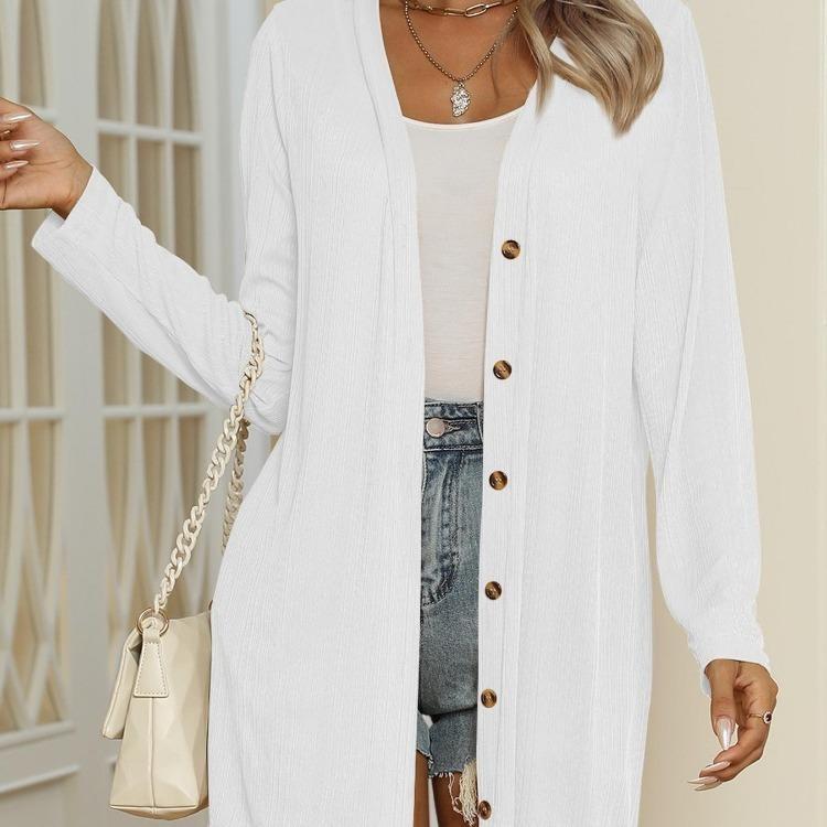 Solid Color Long Sleeve Cardigan Women Casual Button Front Long S белый