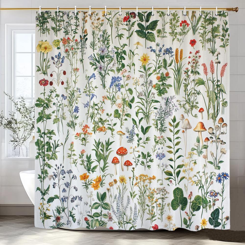 Vintage Botanical Print Floral Shower Curtain, Bathroom Decorative Shower Curtain, Waterproof Shower Curtain with Hooks