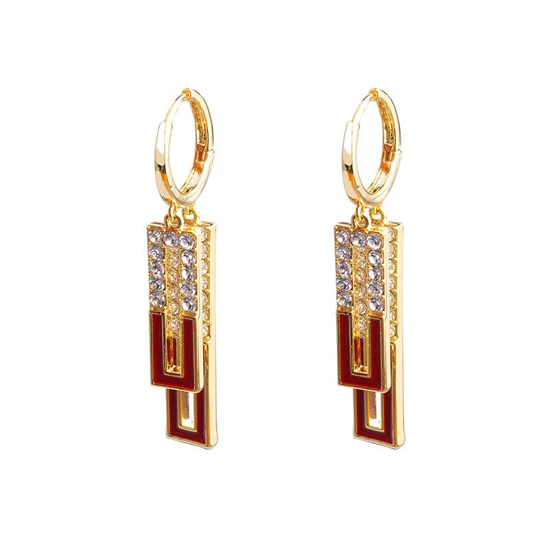 New Retro Red White and Black Drop Glazed Earrings Geometric High-end Earrings With Diamond Inlay Versatile Earrings