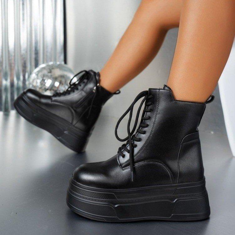Fashion Thick-soled large size 42 women's boots lace-up short boots wedge heels 2025 genuine leather high heels thick-soled boots