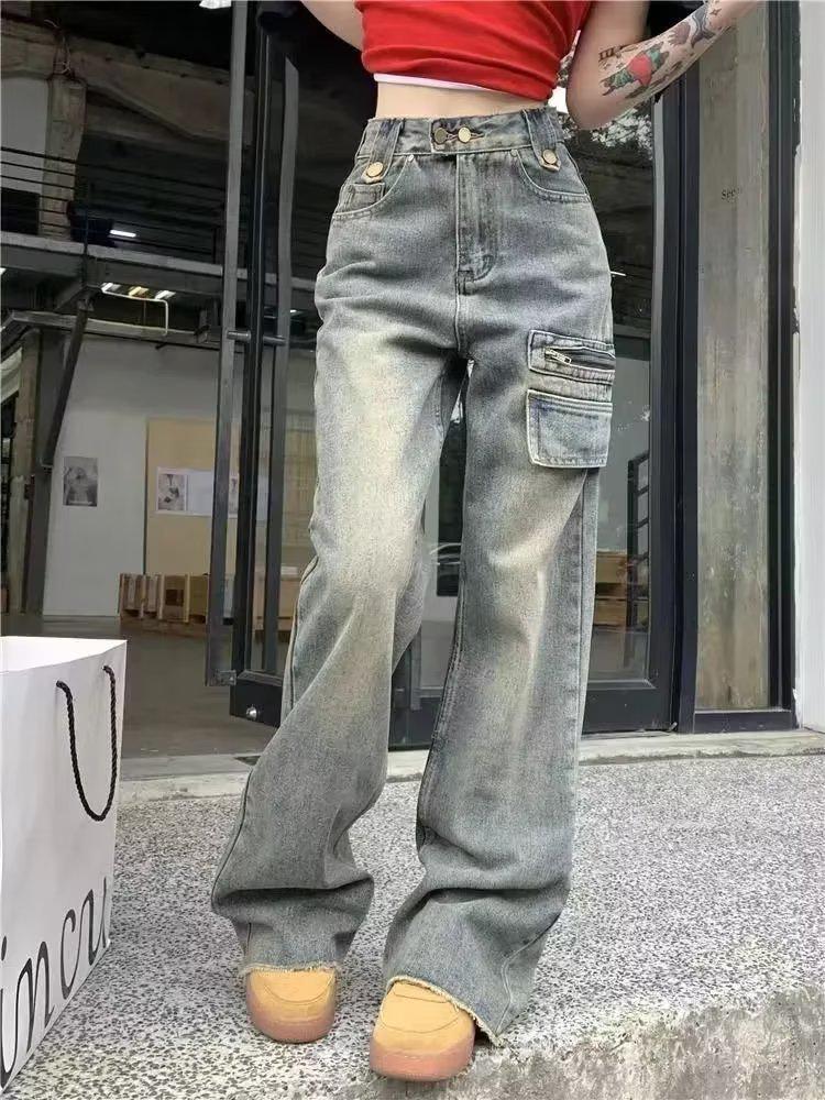 

Женские джинсы с высокой посадкой в американском ретро-стиле 2024 года, выстиранные, с широкими штанинами, для осени/зимы M синий