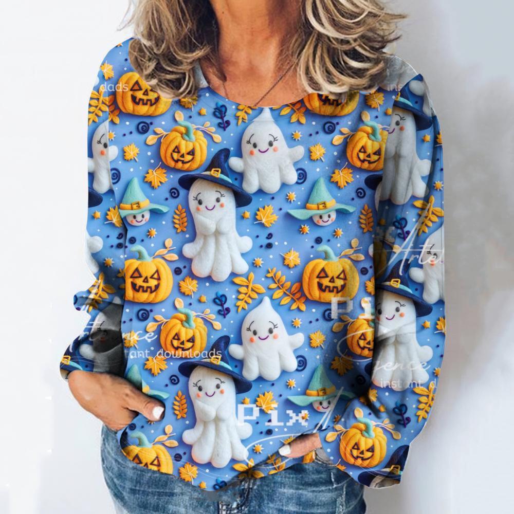 3d Printed Women's T-Shirt Christmas And Halloween Costume Round Neck Long Sleeved Spring/Autumn Casual Party Top Cute Cartoon