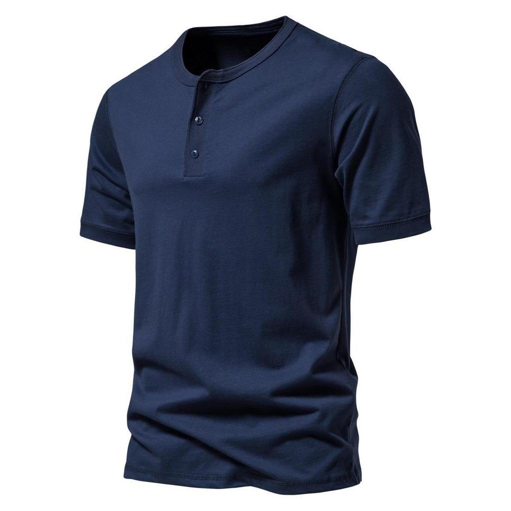 Pánské jednobarevné americké letní jednobarevné tričko Henley s polovičním rukávem - trendy sportovní oblečení pro volný čas