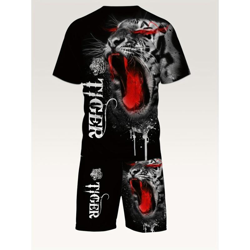 

2026 Summer men s suit crew neck short sleeve shorts 3D Tiger print casual T-shirt Cool personalized street wear set men s sport S