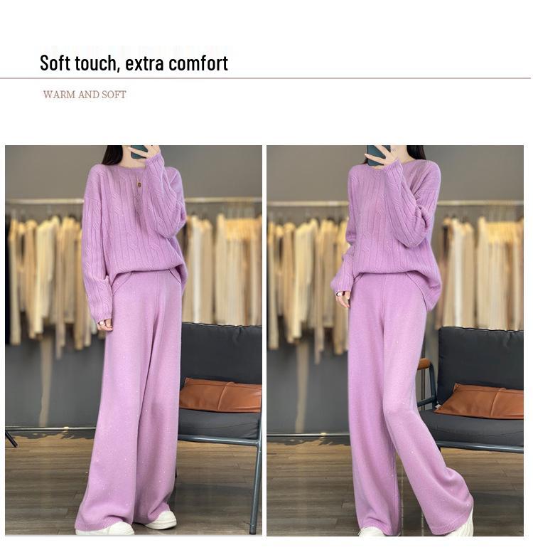 2025 Autumn/Winter Pure Wool Cable Knit Set: Round Neck Sweater & Sequin High-Waist Wide-Leg Pants