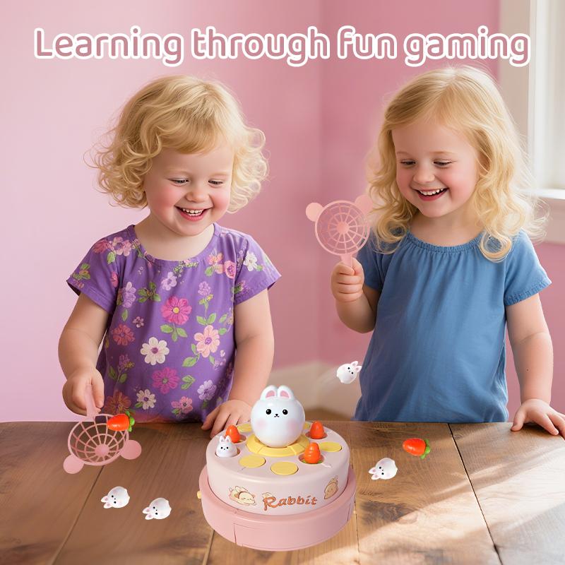 Electric Pop-up Turntable Toy with Music Cartoon Rotating Rabbit Catcher Toys with Nets Musical Launching Rotating Game Kids Toy