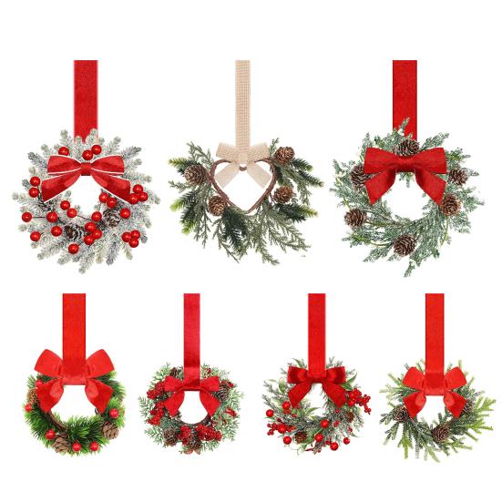 6 Pcs 6 Inch Christmas Mini Cabinet Wreaths Small Artificial Cedar Wreath with Ribbon Bow Pinecone Berry for Front Door Window Farmhouse Home