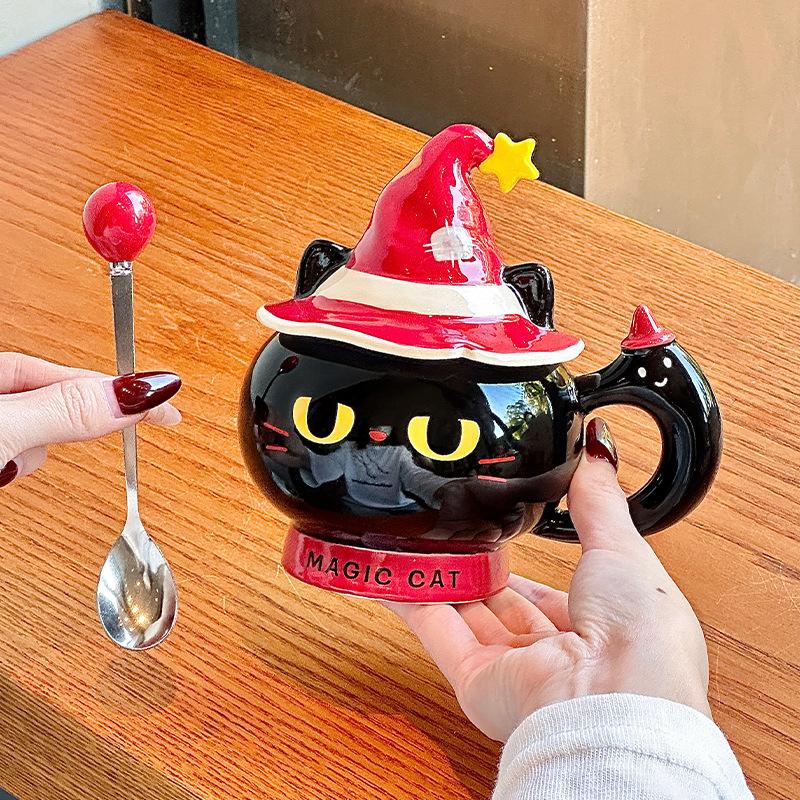 Creative Halloween gift magic hat cat ceramic mug with lid for girls practical mug souvenir gift box