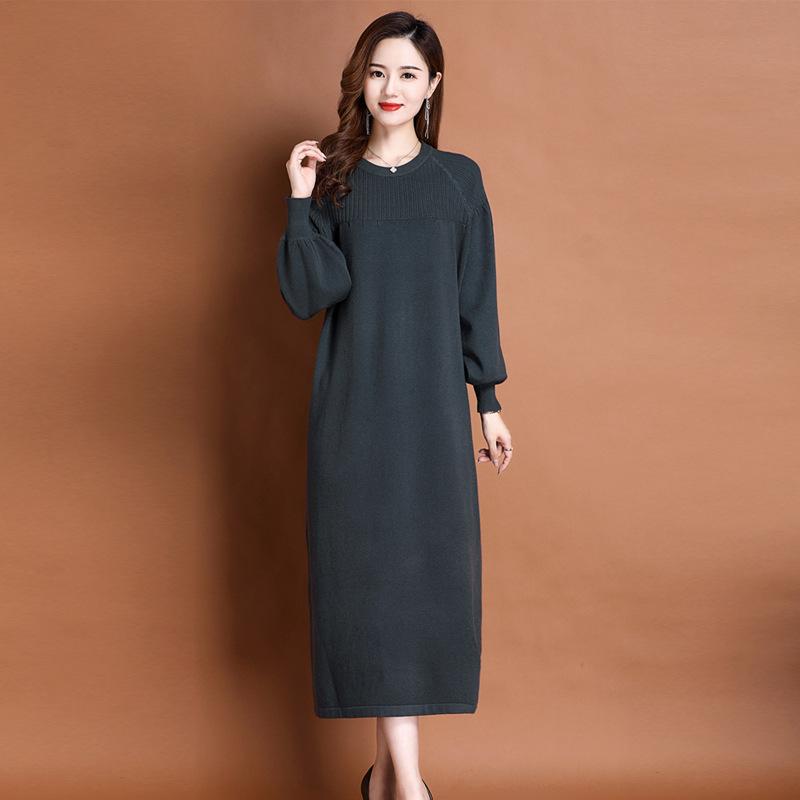 With Coat Over Knee Sweater Skirt Round Neck Inner with Bottom Skirt Women's Autumn and Winter Loose and Thin Medium and Long Knitted Dress