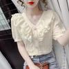 Korean Chic Ruffle Blouse Women Shirt White Chiffon Lace Blouse Sweet V-neck French Vintage Palace Style Short Sleeve Tops