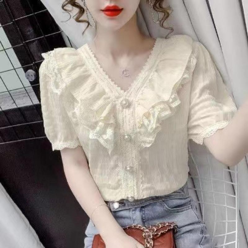 Korean Chic Ruffle Blouse Women Shirt White Chiffon Lace Blouse Sweet V-neck French Vintage Palace Style Short Sleeve Tops
