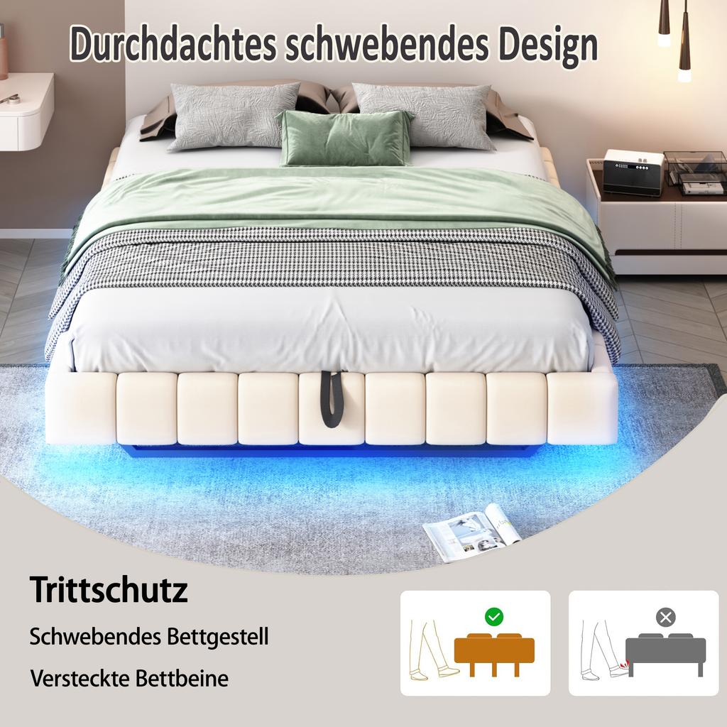 Cama Tapizada 180x200 cm, Estructura de Cama Flotante Hidráulica con Espacio de Almacenamiento, Cama Multifuncional sin Cabecero con Luz LED, Lino Beige