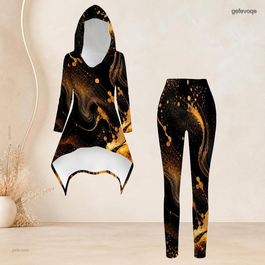 Women Plus Size Tie Dye Printed Hooded Long Sleeve High Low Top And Fitted Pants Two Piece Set