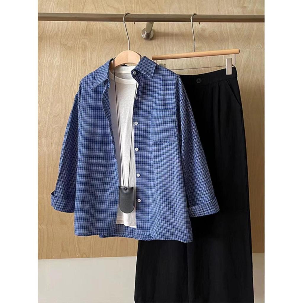 Miu Style Women's Blue Plaid Shirt Jacket - Loose College Layering for Early Autumn
