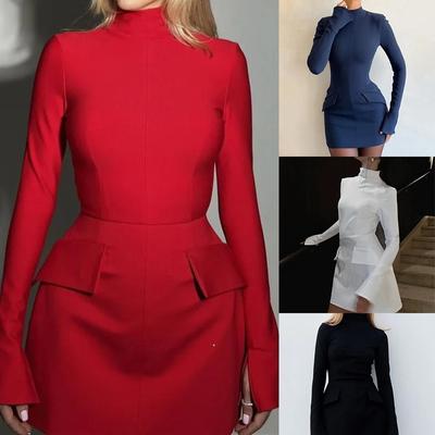 Sommermodelle von Damen Temperament Volltonfarbe Taille Schlank Paket Hüfte Langarm Kleider