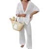 Women Mesh High-Waist Bottoms Suit Sexy Streetwear Cover Up Beach Knitted Hollow Out Top Straight Pants Sets