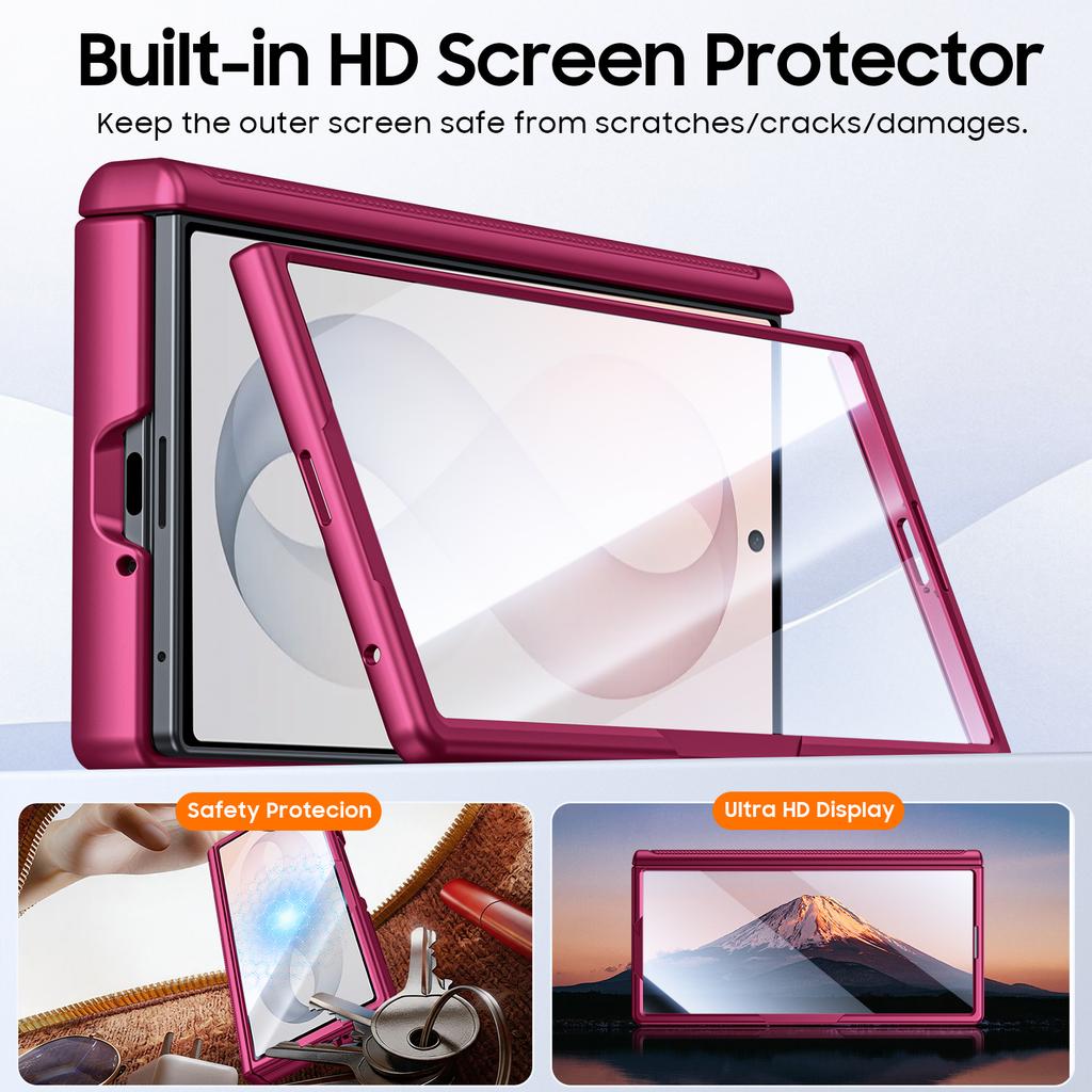 Shockproof Phone Case with Hinge Protection, Card Holder and Camera Cover for Galaxy Z Fold 8 Ultra-Rose Red