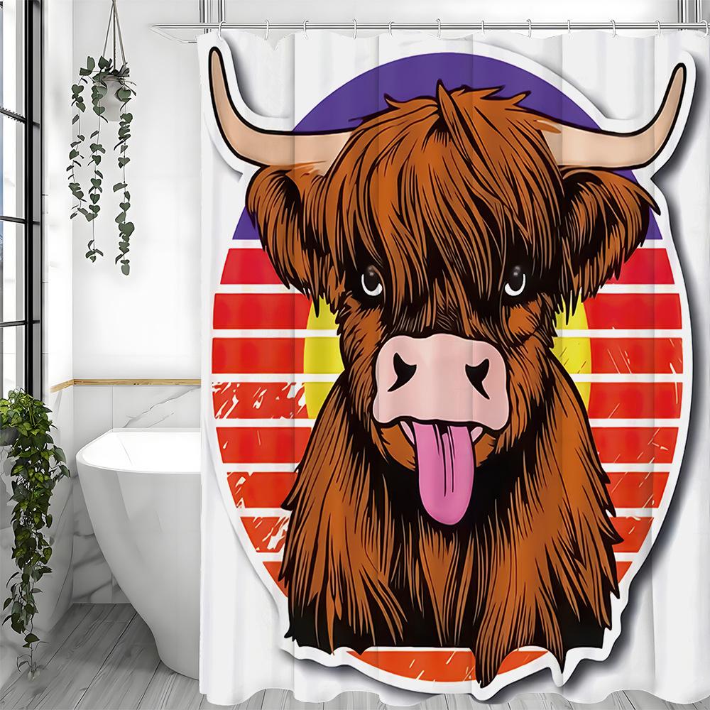 Nordic Cartoonized Funny-looking Ox Shower Curtain Washable Dirt-Resistant Shower Head Waterproof Polyester Bath Curtain