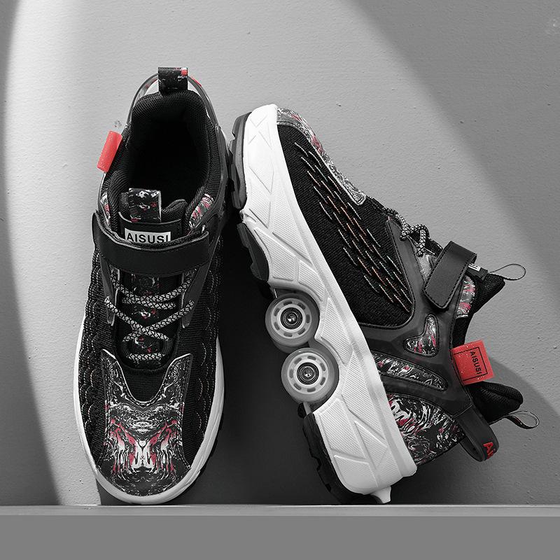 Boty měnící tvar 3 až 6 let staré Měnící tvar kolečkové brusle se čtyřmi kolečky Umí chodit i bruslit Brusle internetové celebrity Dívky