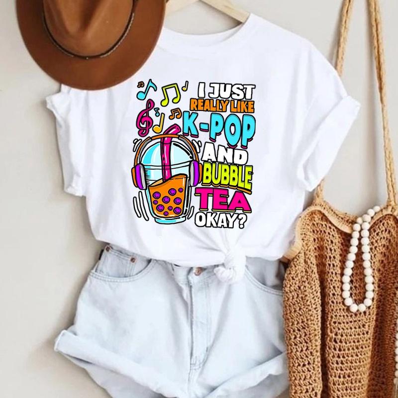 I Just Really Like K-Pop And Bubble Tea Okay Printing T-Shirt Fashion Unisex Short Sleeve Summer Cool Hip Hop Top Tee