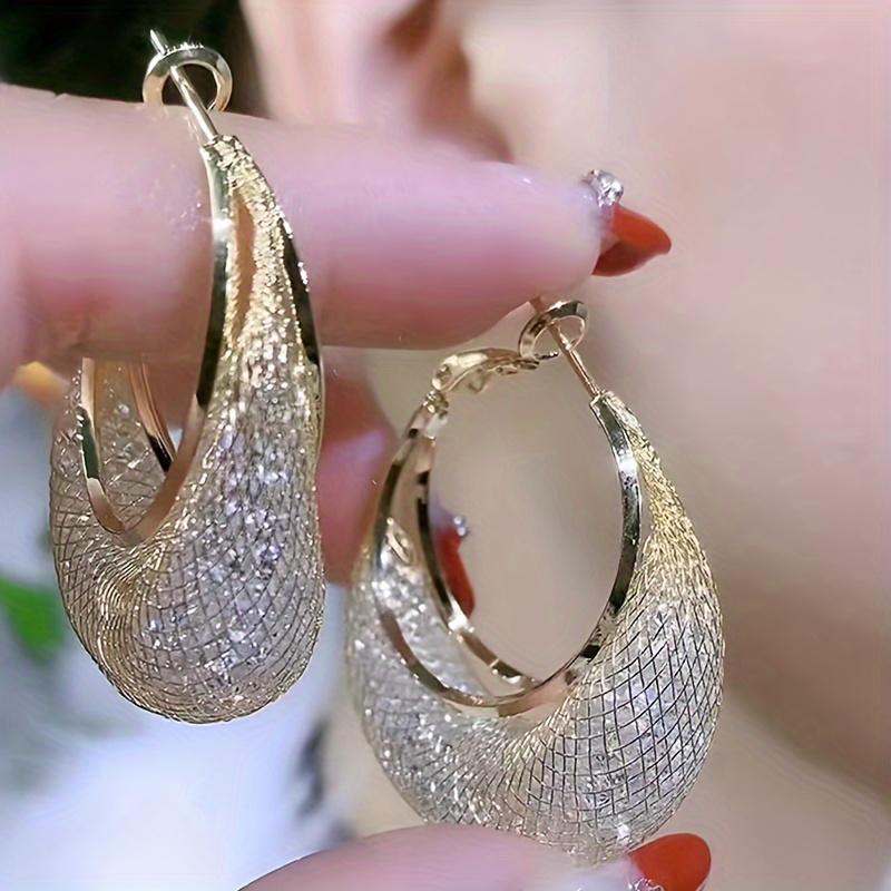Pendientes de aro con diseño de malla brillante exagerada, joyería de hierro con incrustaciones de diamantes de imitación, estilo elegante y informal para mujer, pendientes de fiesta