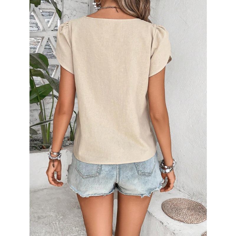 Women's T-shirt, Summer Plain T-shirt with Slant Neck and Short Sleeves