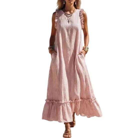 Summer Striped Maxi Dress for Women Crew Neck Sleeveless Ruffle A-line Swing Dress Beach Casual Flowy Sundress with Pockets M