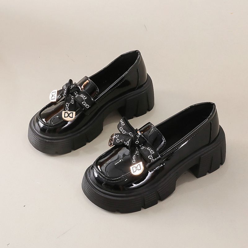 Black platform British style heightening small leather shoes summer and autumn new Japanese round head versatile lace-up retro