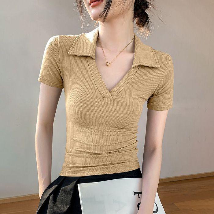 Women's Short-sleeve T-shirt Summer Simple Solid Color Slim-fit Polo Collar T-shirt Short Stretch Polo Shirt