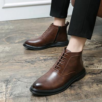 Fashionable High Top Leather Shoes Classic Men's Boots Side Zipper Tied Pointed Leather Shoes Formal Wear Comfortable Men Boots