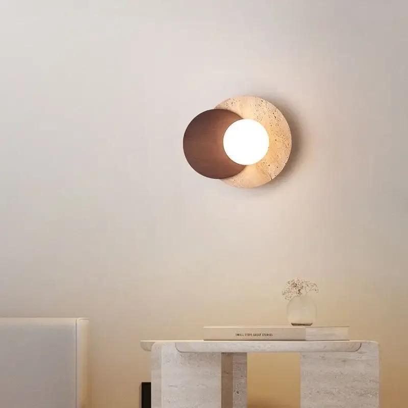 Luma Wabi-Sabi Yellow Travertine Stone Wood Round Wall Lamps for Dining Room Hallway Aisle Bedroom Bedside Background Stair