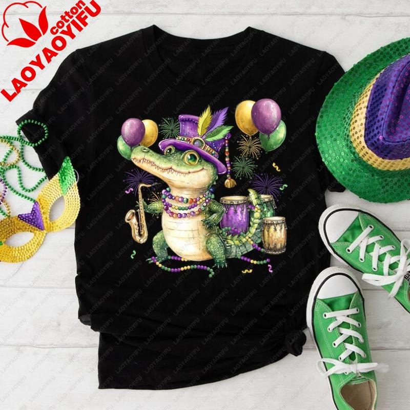 Mardi Gras Crocodile Shirt New Orleans Carnival Tee Graphic Cotton Tshirts Oversized T Shirt Women T Shirt Kawaii Clothes Tops
