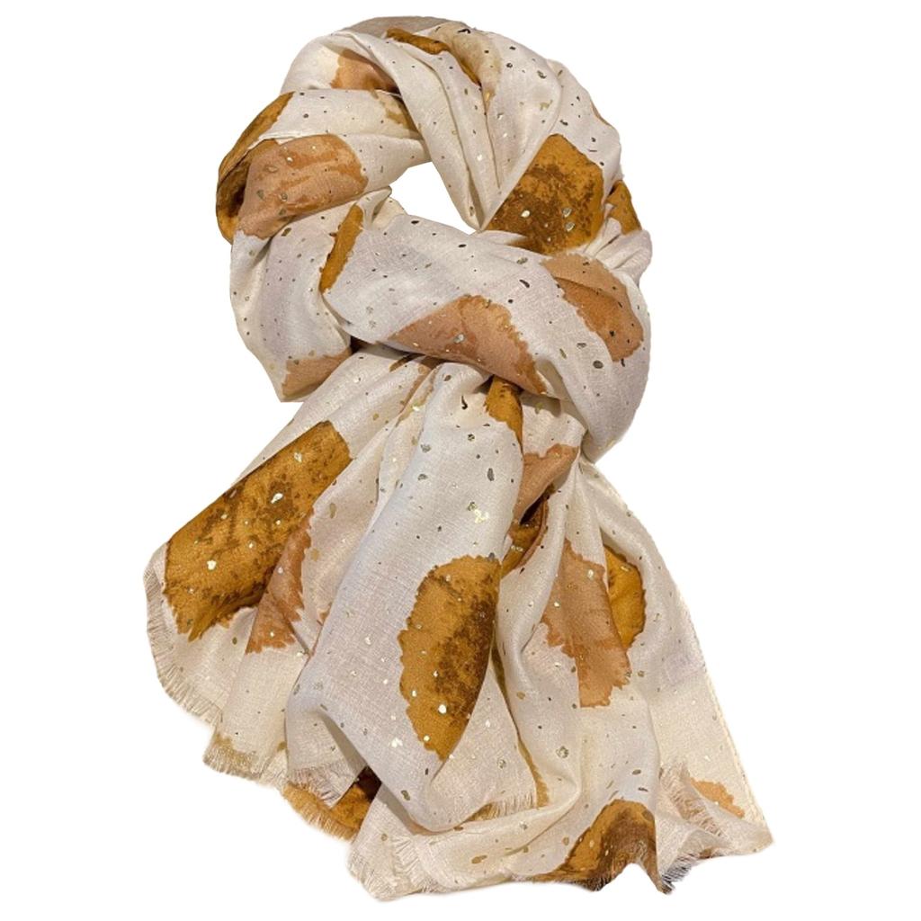 White Scarf with Caramel Spots and Gold Shimmer - Cotton and Viscose, 180x90