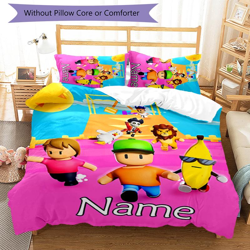 3pcs Custom Name Stumble Guys Bedding Set Duvet Cover Closure Includes 1 Duvet Cover & 2 Pillowcases for All Seasons Bedroom Decor