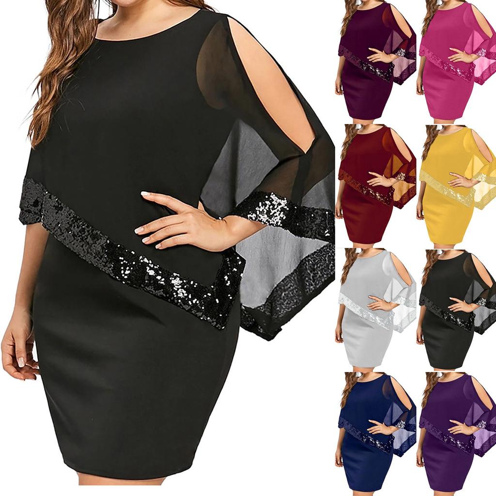 Women's Fashion Plus Size Irregular Sequin Splicing Strapless Chiffon Round Neck Dress