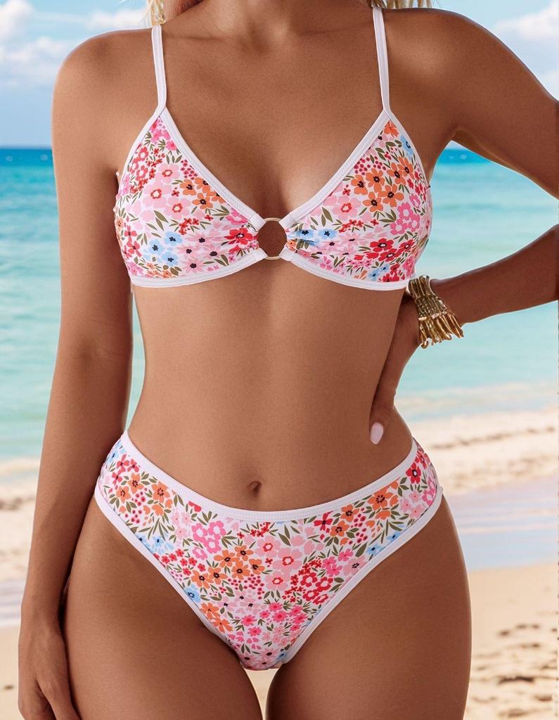 Kadın Mayo Çiçek Üçgen Fincan Seksi Sırtı Açık bikini seti Mayo Beachwear Mayo