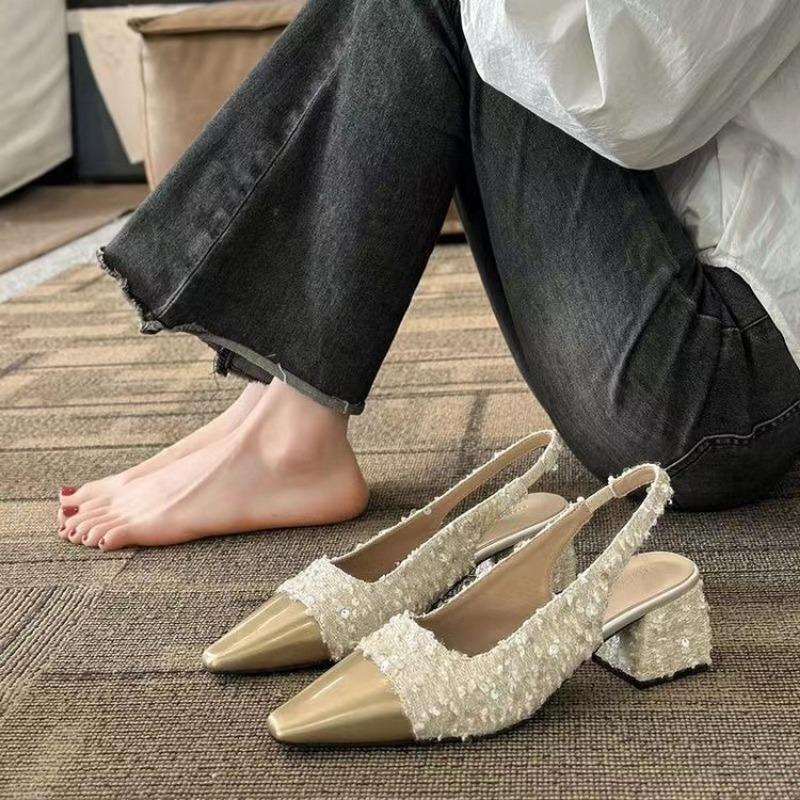 Fragrant Style Color Matching Square Head Thick Heel High Heel Single Shoes Women's New Elegant Temperament Light Mouth Empty Bag Head Sandals