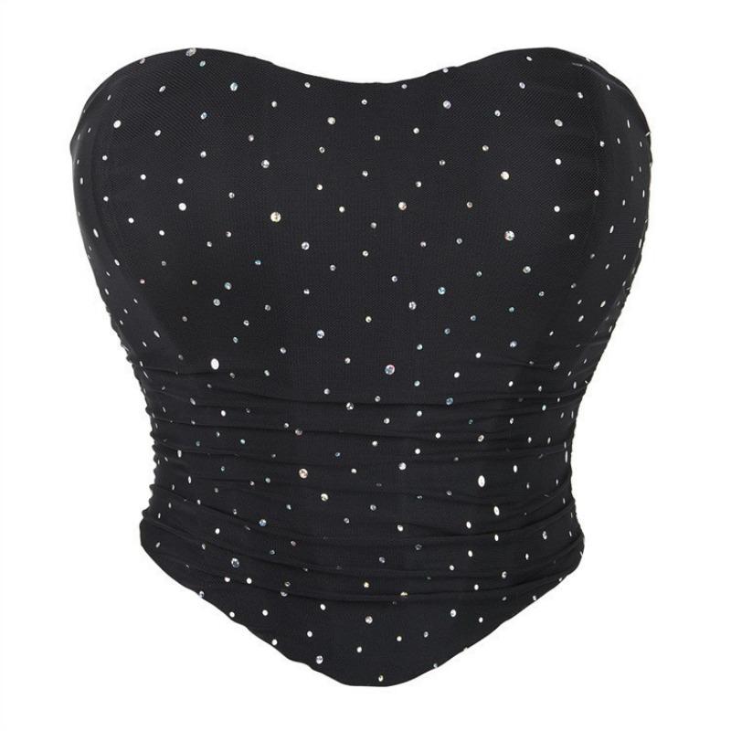 

Black Mesh Rhinestone Strapless Corset Top Ruched Waist Boned Bustier for Women S чорний